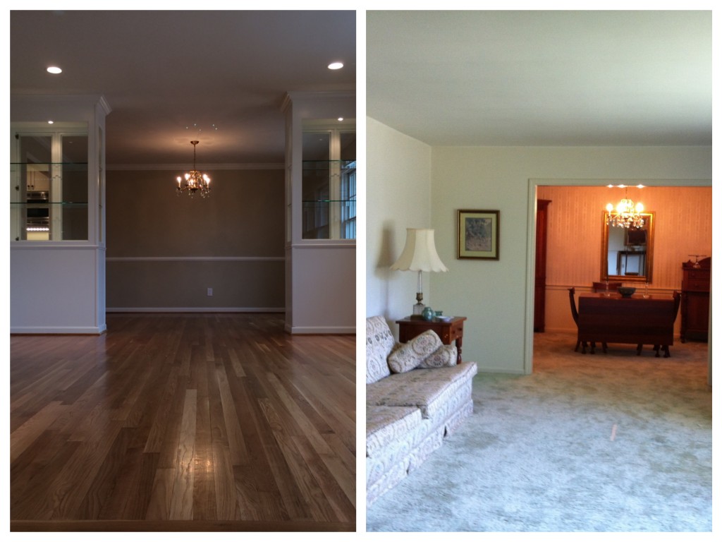 From the newly expanded entry, you can see the gleaming hardwood floors in the living room and dining room, along with the beautiful shelves that separate the two rooms but still make it feel like one space.