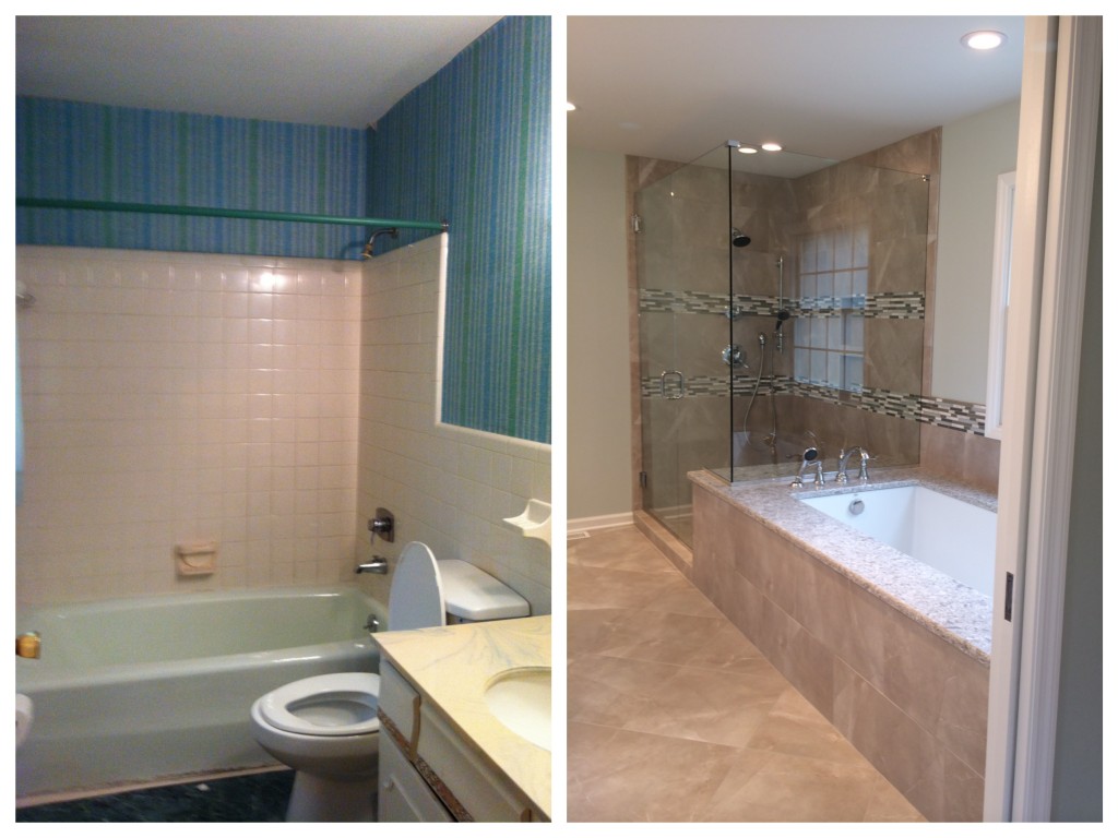 The original master bathroom, left, was transformed into a tranquil and sophisticated space. 